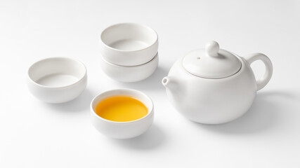 Tea cup set with teapot on white background, mockup