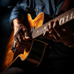Bluesman play on guitar blues rock under stage light. Festival music concert with songs. Black skin...