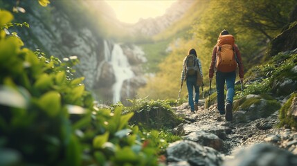 Obraz premium Hikers trekking and walking through a beautiful mountain range showing the beauty of nature and the camping gear like tents and boots. Generative AI