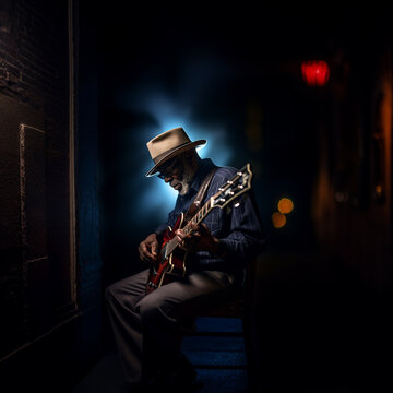 Bluesman play on guitar blues rock under stage light. Festival music concert with songs. Black skin guitarist in hat. Retro style.