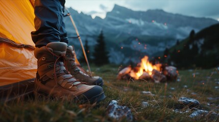 Hikers trekking and walking through a beautiful mountain range showing the beauty of nature and the camping gear like tents and boots. Generative AI