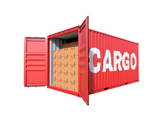 Ship cargo container, metallic freight box filled with individual cardoard boxes. Png clipart isolated on transparent background