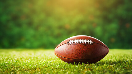 Leather American football ball on green grass. Space