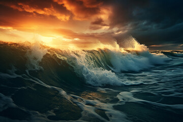 Sea or ocean water under sunset sky with dark blue clouds, Waves before storm, seascape, Background summer