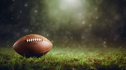 Leather American football ball on green grass. Space