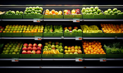 Fresh organic fruits on a shelf in a supermarket, Variety Shopping  in a supermarket apples, oranges, bananas, grapes, pineapples lemons, healthy consumerism food concept. - obrazy, fototapety, plakaty