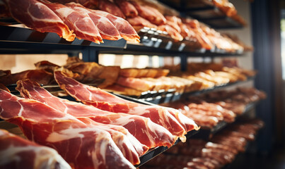 Fresh organic meat food on a shelf in a supermarket, Variety Shopping  in a supermarket meat, sausages, jamon, healthy consumerism food concept. - obrazy, fototapety, plakaty
