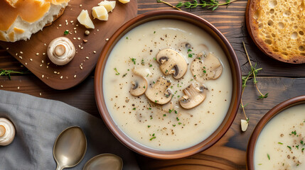 Creamy mushroom soup with bread, featuring a mushroom puree with slices of mushrooms on top. Served in bowl on a wooden background.