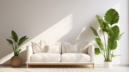 Fototapeta na wymiar Modern white and clean living room, Minimal style, Green plant in white room, Interior design, Generated AI