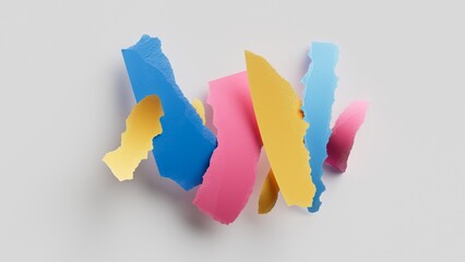 3d render, abstract minimalist background. Ripped multicolored paper pieces macro