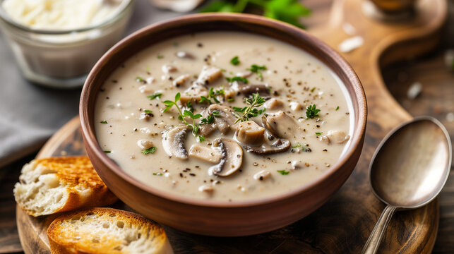 Creamy mushroom soup with bread, featuring a mushroom puree with slices of mushrooms on top. Served in bowl on a wooden background.