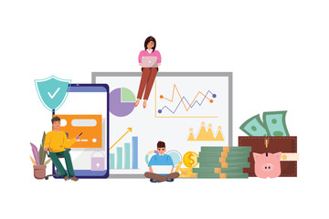 Young people using mobile apps for secure banking. Money transfer, and smart savings