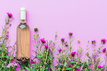  A bottle of wine in flowers, on a pink background in pastel colors. Top view with a meta place for...