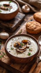 Creamy mushroom soup with bread, featuring a mushroom puree with slices of mushrooms on top. Served in bowl on a wooden background.