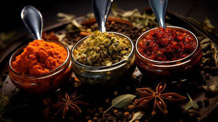 A vibrant collection of aromatic spices, essential for culinary adventures, displayed in a stylish kitchen setting, promising a burst of flavor in every dish. Explore the diverse world of seasonings 