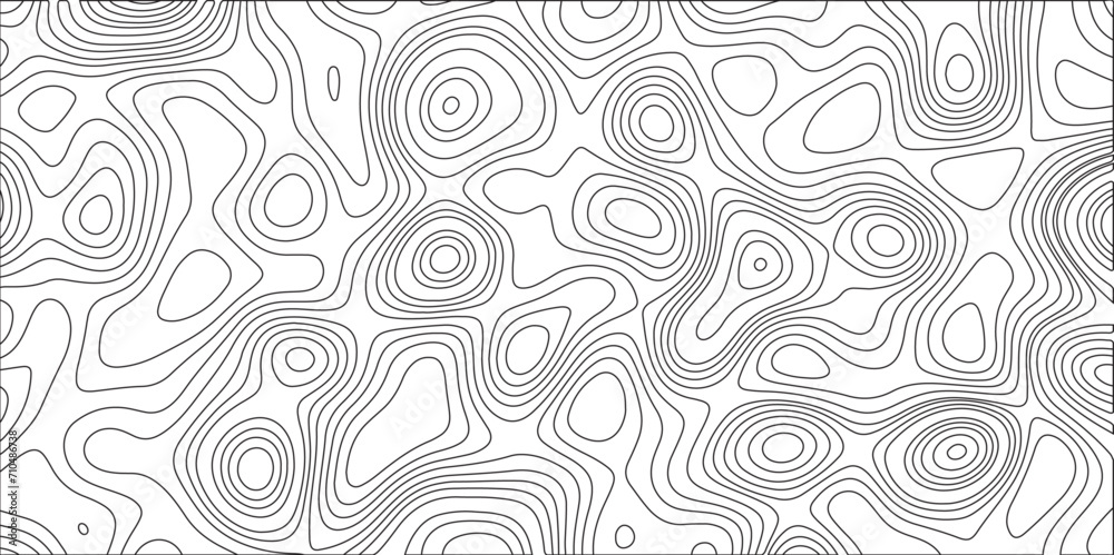 Poster Ocean topographic line map with curvy wave isolines vector illustration. Abstract topographic contours map background, Vector contour topographic map. Cartography texture abstract banner use..