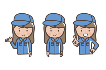 女性作業員、清掃員の上半身3ポーズセット_ピース_案内_説明