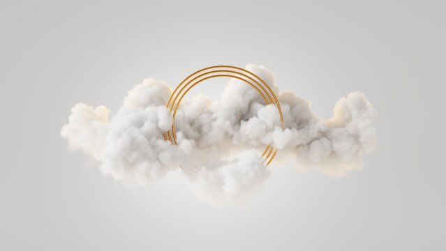 3d render, Gold rings above fluffy cloud levitating. Blank round frame. Isolated object, fashion background, modern design, abstract metaphor. Minimalist wallpaper