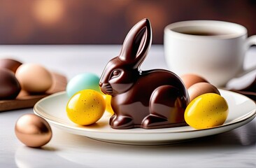 Easter concept. Chocolate Easter bunny on a white plate against a background of colorful Easter eggs. Close-up.