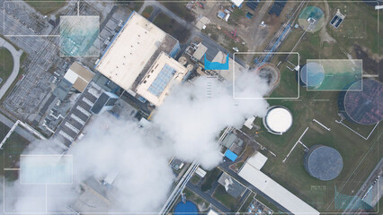 Coal power plant greenhouse gases monitoring technology concept, aerial view