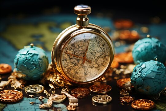 pocket watch with a world map on the dial close-up