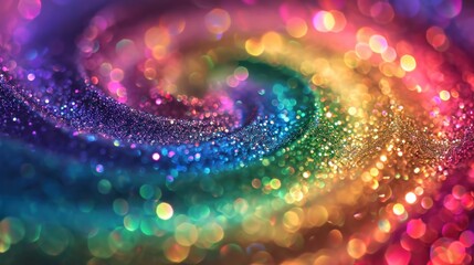 Rainbow glitter swirl, prohibition of microplastics in the European community. LGBT, drag queen, carnival. Sparkling particles in cosmetics, makeup non-biodegradable. Pollution, environmental impact.