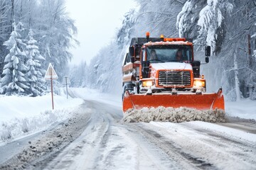 A big snow plow at work on a snowy road. - obrazy, fototapety, plakaty