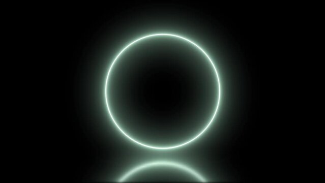 4K seamless circle looping animated neon background with colorful beams of light. Modern ambient studio concept animation with reflective floor.