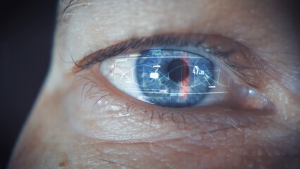 Human eye scan, infographics concept analysing smart data health status, closeup