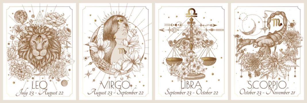 Vector set of the 4 second zodiac signs in flowers. Gold on a white background. Leo, Virgo, Libra, Scorpio
