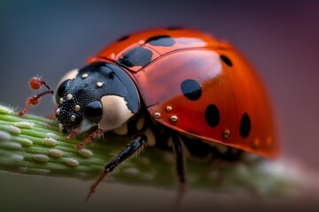 Fototapeta premium Nature's Microcosm: Ladybug Resting on a Lush Green Leaf, a Tiny Marvel of Beauty. Captivating Macro Photography Perfect for Adding a Touch of Natural Splendor