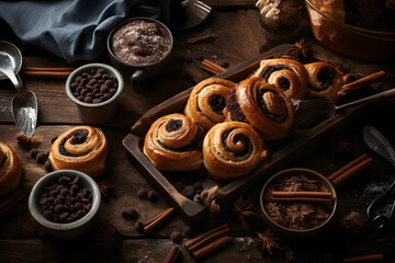 Fototapeta na wymiar Food background with freshly baked sweet buns puff pastry with chocolate on old wooden table, Breakfast or brunch concept with copy space, top view, flat lay