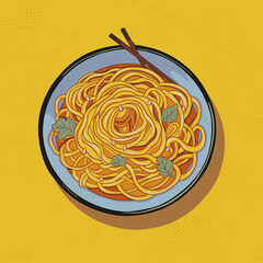Chinese noodles in a plate with chopsticks. Cooked noodles with green leaves top view. Illustration in cartoon style suitable for a cafe menu.