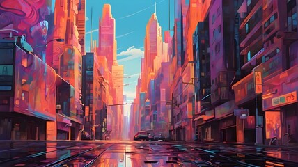 A vibrant psychedelic cityscape where buildings dance and morph. 