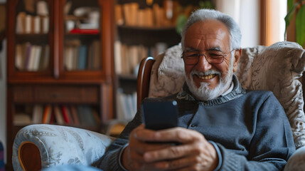 Close-up senior smiling relaxed retired man with beard and glasses sitting comfortably at home on armchair using mobile phone, communication concept - obrazy, fototapety, plakaty