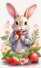 A cute hare is sitting among flowers and berries, eating strawberries