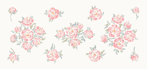 Vintage Bouquets. Pink Roses Vector Set. Rose Flower Shabby Chic Collection. Flowers and Leaves. Millefleurs Liberty Style Design. - obrazy, fototapety, plakaty