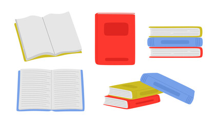 Set of books from different angles, open, closed and stack of books isolated on white background. Collection of various books school textbooks, dictionaries, encyclopedias, literature. Flat vector
