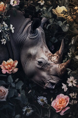 Rhino portrait with fresh flowers and leaves. Creative animal portrait. Generative Ai