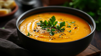 Pumpkin and carrot soup with cream and parsley on a dark rustic background. Side view banner with copy space for delicious autumn or winter comfort food. Perfect for cozy meals and warm gatherings.