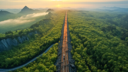 Aerial view of highway in the middle of green forest at sunset. 
