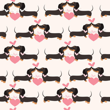 Cute dachshund dogs and hearts seamless pattern background. Valentines day concept. Vector cartoon doodle illustration