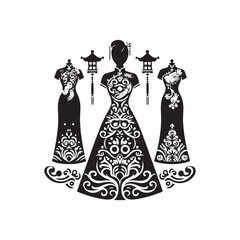 Awe-Inspiring Silhouettes: Traditional Chinese Dress Silhouette Stock Series Tailored for Your Creative Ventures - Chinese New Year Silhouette - Chinese Dress Vector Stock
