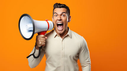 Man is shouting into a megaphone