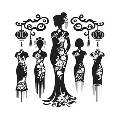 Timeless Imagery Captured: Traditional Chinese Dress Silhouette Stock Perfect for New Year Celebrations - Chinese New Year Silhouette - Chinese Dress Vector Stock
