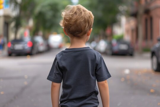 Little Boy In Dark Gray Tshirt On The Street, Back View, Mock Up