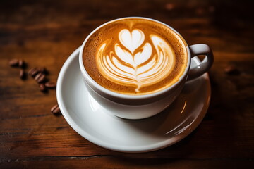 Close up shot of latte art in white cup,Wooden table background, Cappuccino art, Leaf and Heart, Generated AI