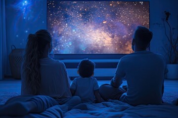 Naklejka premium Family jubilation. Cheerful gathering of people enjoying television smiling and celebrating success in comfort of living room, perfect for capturing essence of togetherness