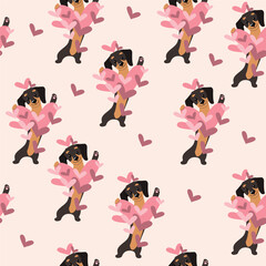 Love dachshund dogs and hearts seamless pattern background. Valentines day concept. Vector cartoon doodle illustration - 710493772
