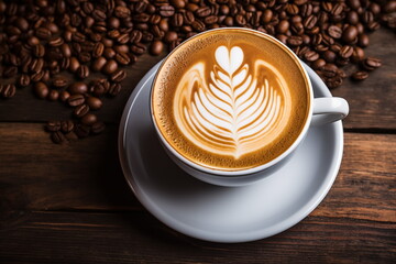 Close up shot of latte art in white cup,Wooden table background, Cappuccino art, Leaf and Heart,  Coffee bean Generated AI